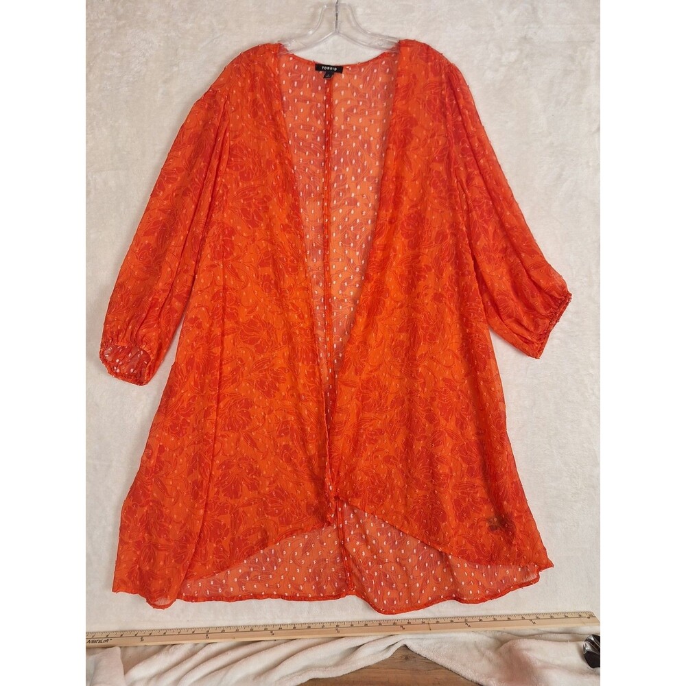Torrid Kimono Cover-Up Open Front Chiffon Cardigan Women's 2x Orange Polka Dot